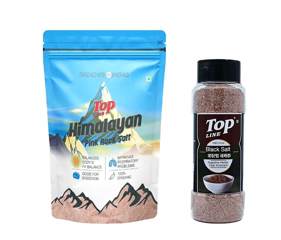 Topline Himalayan Pink Rock Sprinkler Non GMO & Gluten Free 1kg Pack & Topline 100% Pure Black Salt 200 gm Sprinkler | Mineral Rich | Natural Salt with 84 Trace Minerals | Pure Himalayan Rock Salt | Cooking Salt | Salt for A Healthy Life | (Combo Pack)