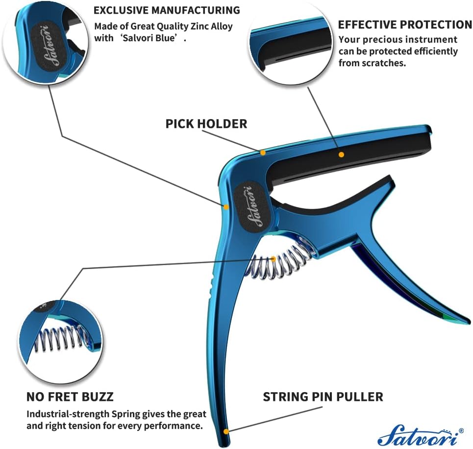 Salvori Exclusive Gradient 'Blue-Plated' Heavy-Duty Guitar Capo for Acoustic/Electric Guitar with 4 Picks, Guitar Clip/Guitar Clamp/Guitar Accessories for Classical Guitar, Ukulele, Mandolin and Banjo