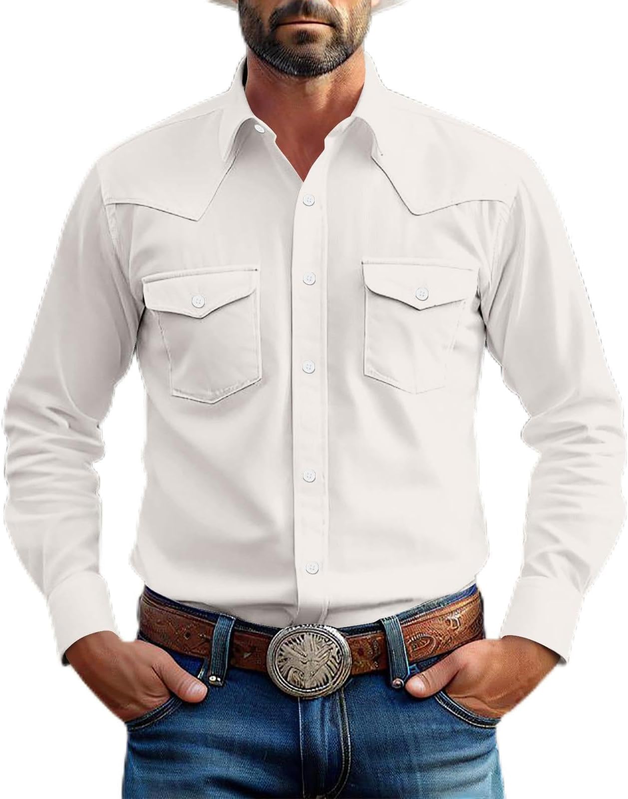 Men's Two Pocket Long Sleeve Button Work Shirt Vintage Solid Color Lapel Shirt Slim Fit Men's Casual Shirts Cowboy Cut Western Style
