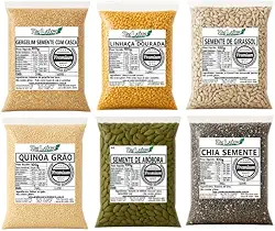 Kit Gergelim, Linhaça, Girassol, Quinoa, Abóbora e Chia (100grs de Cada)