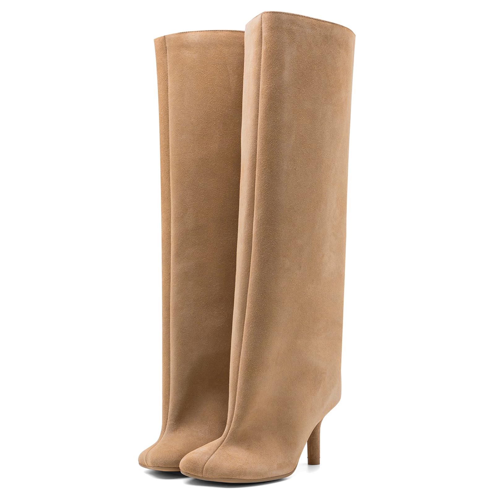 VOZTOLLS Women's Knee High Suede Boots for Women Wide Calf Square Toe Stiletto Heels Tall Boots Pull On High Heel Long Booties