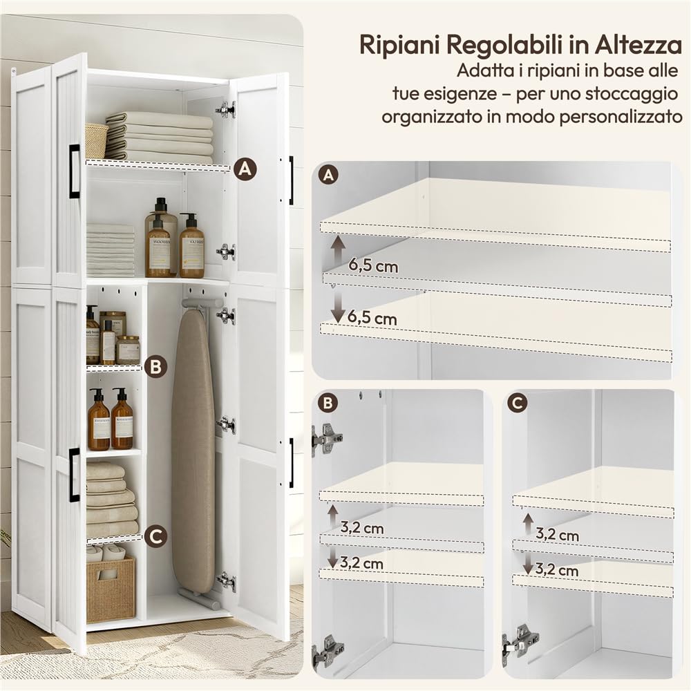 Yaheetech Armadio per Scope Alto 175,5 cm Armadio Multiuso a 4 Ante Scomparto per la Dispensa Profondo 37,5 cm Mobiletto Contenitivo Slanciato con Vano per l'Aspirapolvere Bianco