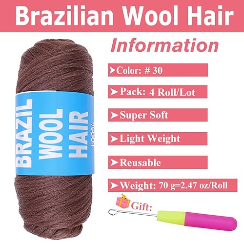 Miniatura 2 de COOKOO 4 rollos de hilo acrílico de lana brasileña para cabello de ganchillo africano, trenzas sengalesas, trenzas jumbo, trenzas de pelo sintético,