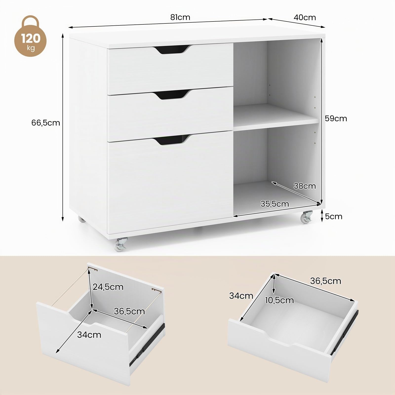 COSTWAY Rollcontainer mit 3 Schubladen, Aktenschrank mit Rollen und offenen Fächern, Druckerständer, Büroschrank für Dokumente in DIN A4-, Letter-Format, Legal-Format (Weiß)