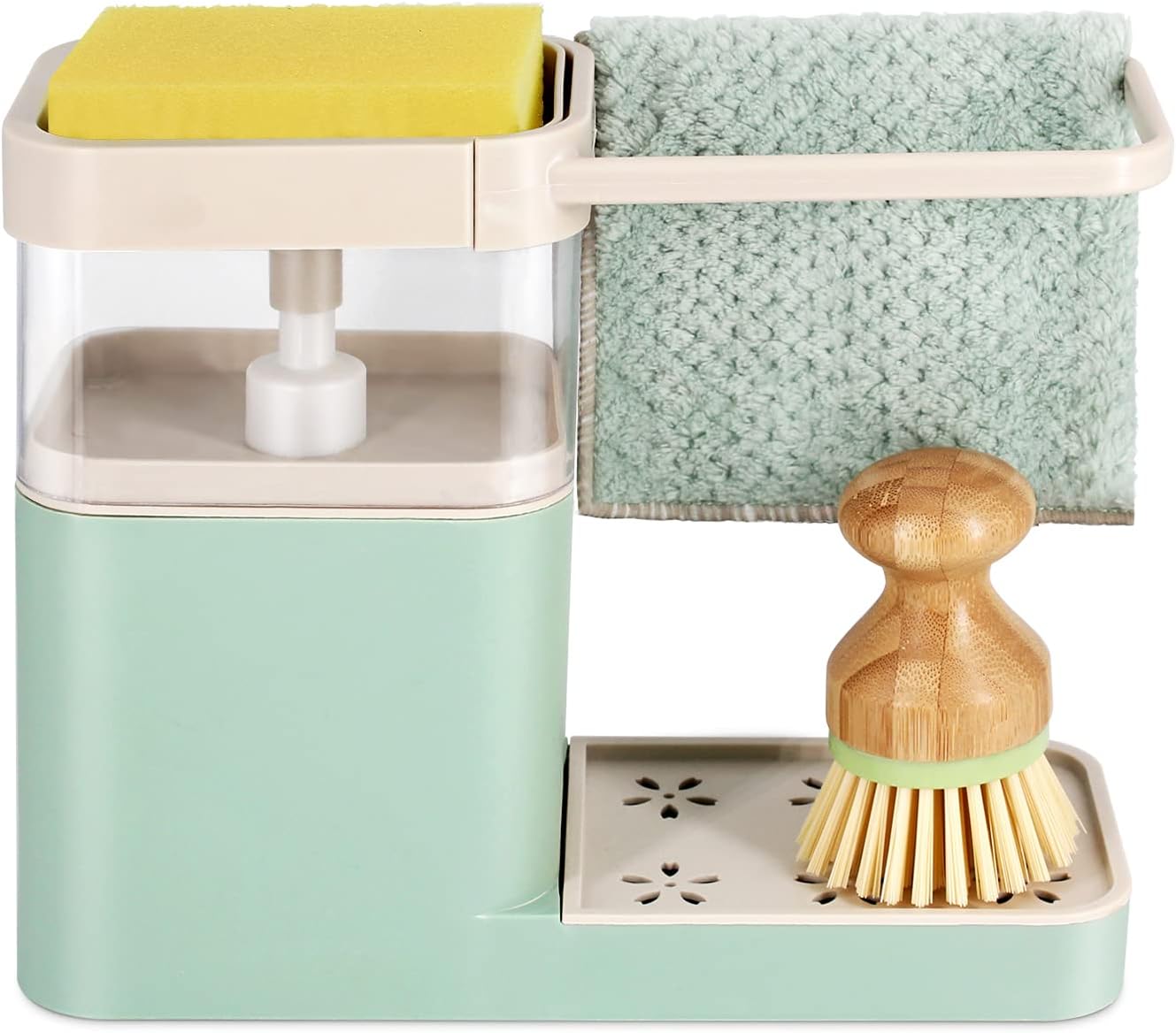 Dish Soap Dispenser for Kitchen,Innosinpo 4-in-1 Soap Dispenser Set DishWashing Soap Dispenser Soap Pump Dispenser with Sponge Holder, Non-Scratching Soap Brush and Dish Towel.