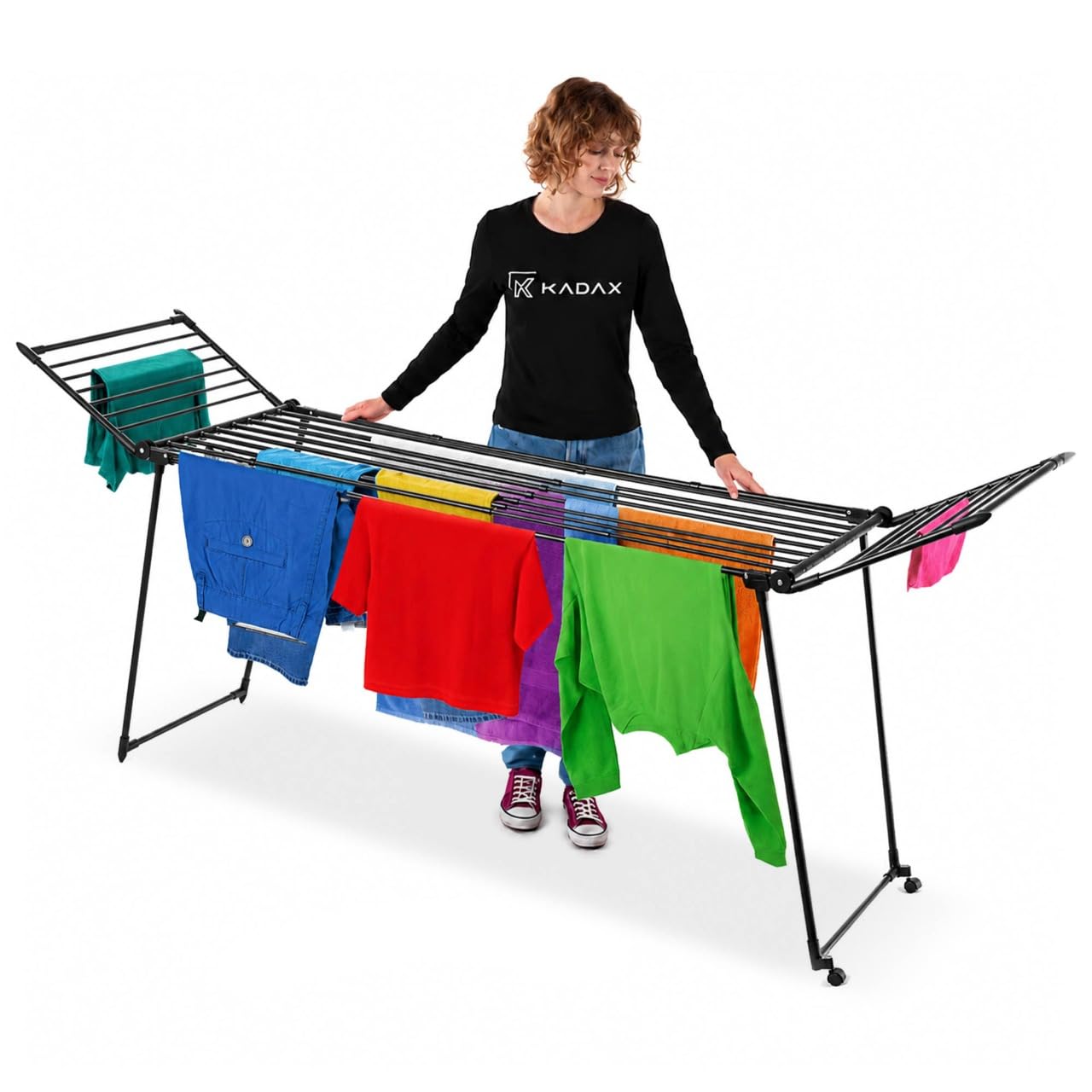 KADAX Tendedero extensible, 257x60x99 cm, secador de pie con gran superficie de secado, secador de ropa plegable, tendedero de alas extensible (Negro)