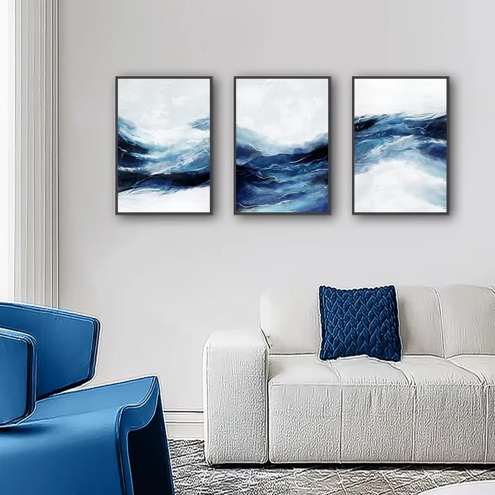UIJKNFD 3-teiliges abstraktes weißes, schwarzes und blaues Wellenposter auf Leinwand, Wandbild, Schlafzimmerbilder für Wohnzimmerdekoration (75 x 110 cm x 3 / ohne Rahmen)
