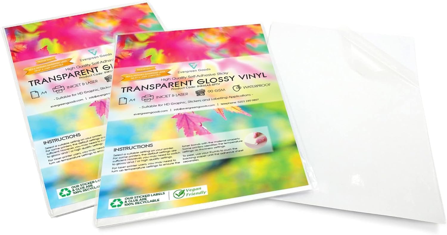 Evergreen Goods A4 Low Opacity Transparent Glossy Sticker Vinyl Label | 2 x 10 Sheets Inkjet & Laser Printable - Waterproof | Self Adhesive Clear | Print at Home - Product Labels, Jars & Bottles