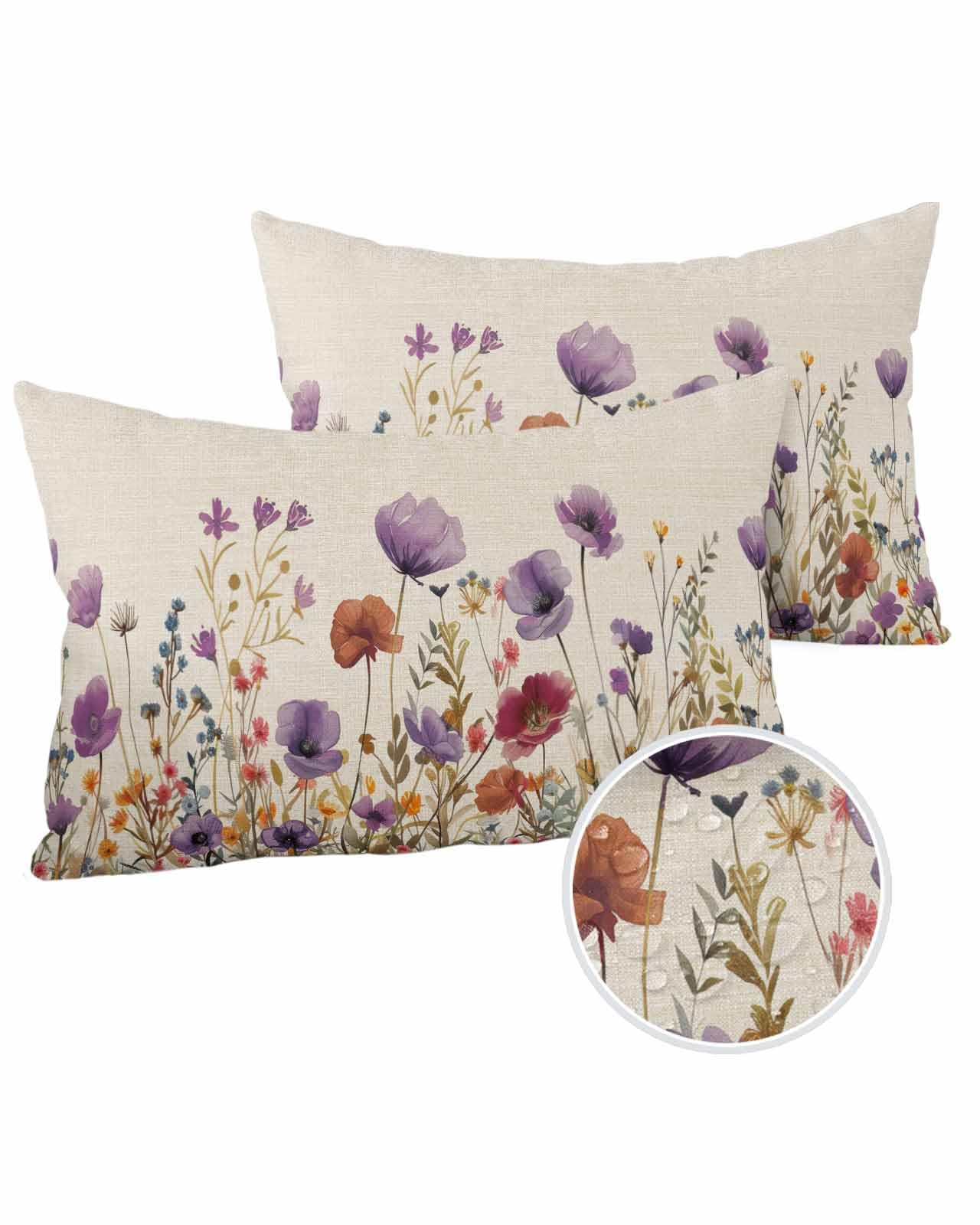 Boanket Lumbar Pillow Covers 12 x 20 in, Purple Red Spring Floral Waterproof Throw Pillow Cover Set of 2, Botanical Summer Flowers Home Decorative Rectangle Cushion Covers for Patio/Tent/Couch/Garden