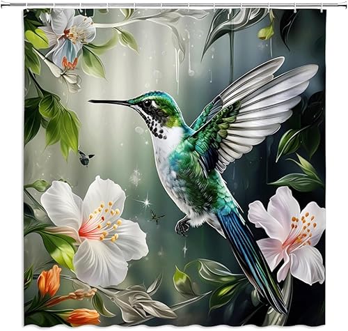 Miniatura 2 de Cortina de ducha floral de colibrí, flores en acuarela, hojas verdes, pájaros, jardín tropical, paisaje, naturaleza, flores silvestres, cortinas de