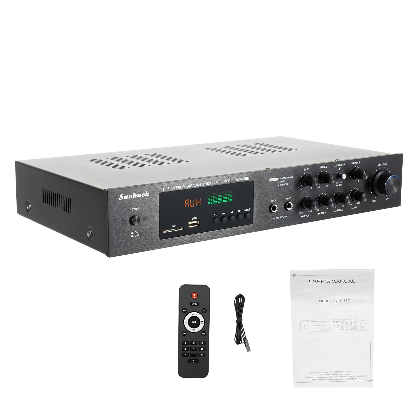 Audio Leistungsverstärker, 600W Stereo Receiver mit Fernsteuerung, SD, USB, RCA, AUX, 5.0 Bluetooth, 5.1-Kanal, 2 Mikrofon Anschlüsse, für Heimkino, Karaoke-Partys