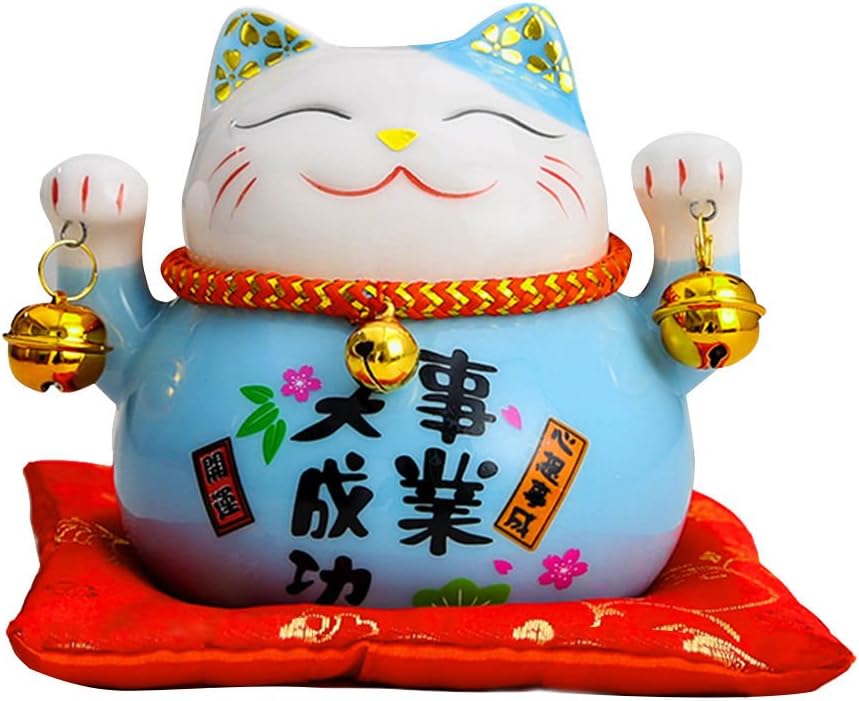 4.5" Blue Ceramic Maneki Neko Lucky Cat Coin Bank Style Bussiness…