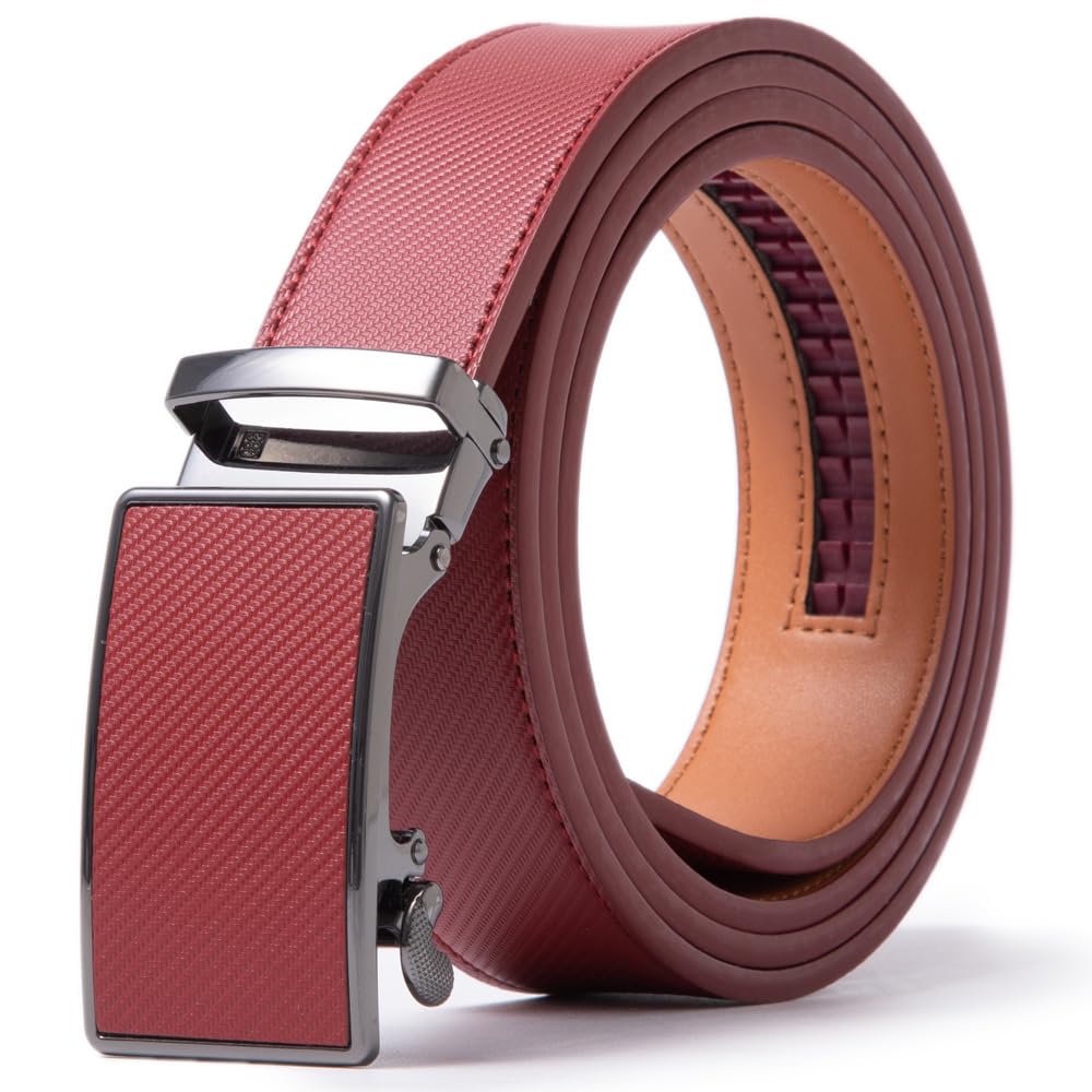 ayamoti Genuine Leather Slide Ratchet Belt Men Multicolored Unisex Customizable Fit, Red, Waist 28''-46