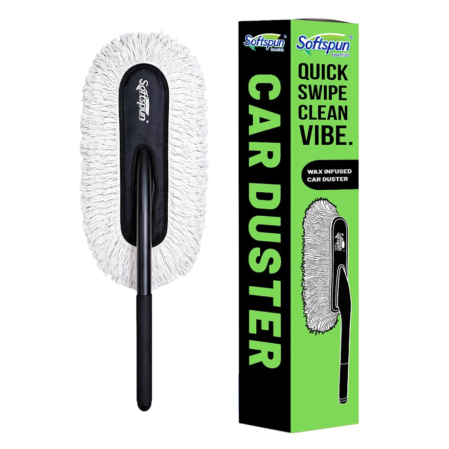 Image of SOFTSPUN Essentials Car Duster - White, Long-Handle Lint-Free & Scratch-Free Car Cleaner Brush with SiO2 Wax Infused Cotton Strands for Enhanced Dust Removal (Exterior Car Cleaning Tool)