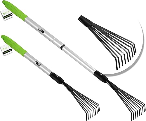 Miniatura 1 de Evcitn Garden - Rastrillo de hojas de dientes de 9 dientes con mango ergonómico largo ajustable, rastrillo de césped de metal de jardín para camas