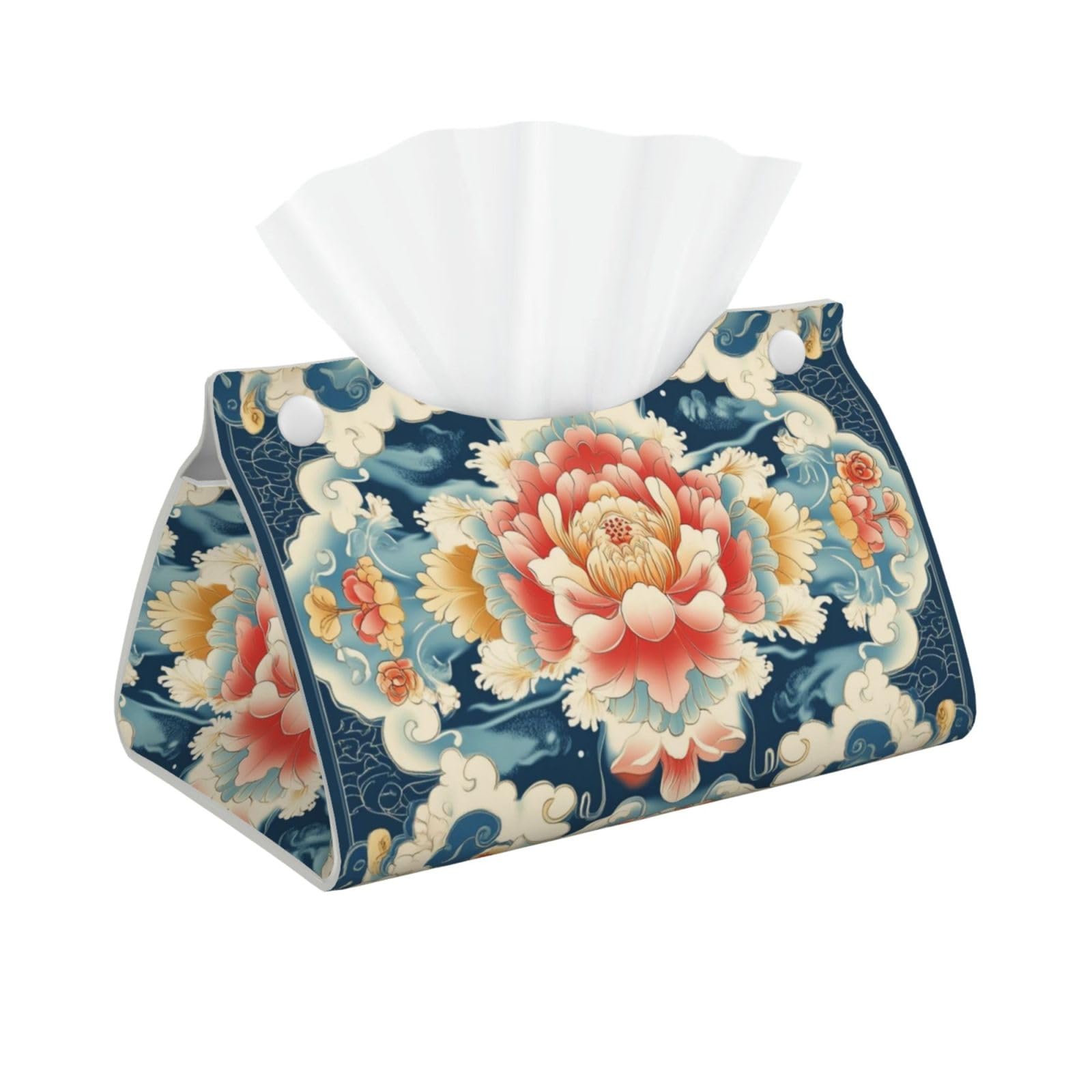 Peony Pattern Rectangular Leather Tissue Box Cover, Folding Facial Tissue Holder Dispenser for Car