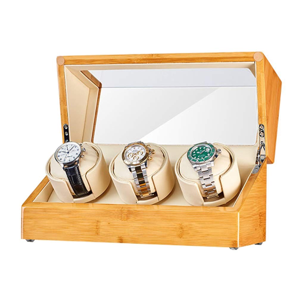 Jlxl Bamboo Wooden Automatic Watch Winder Box Soft Flexible Watch Pillow Adapter and Battery Powered Quiet Motor (Size : 3+0)