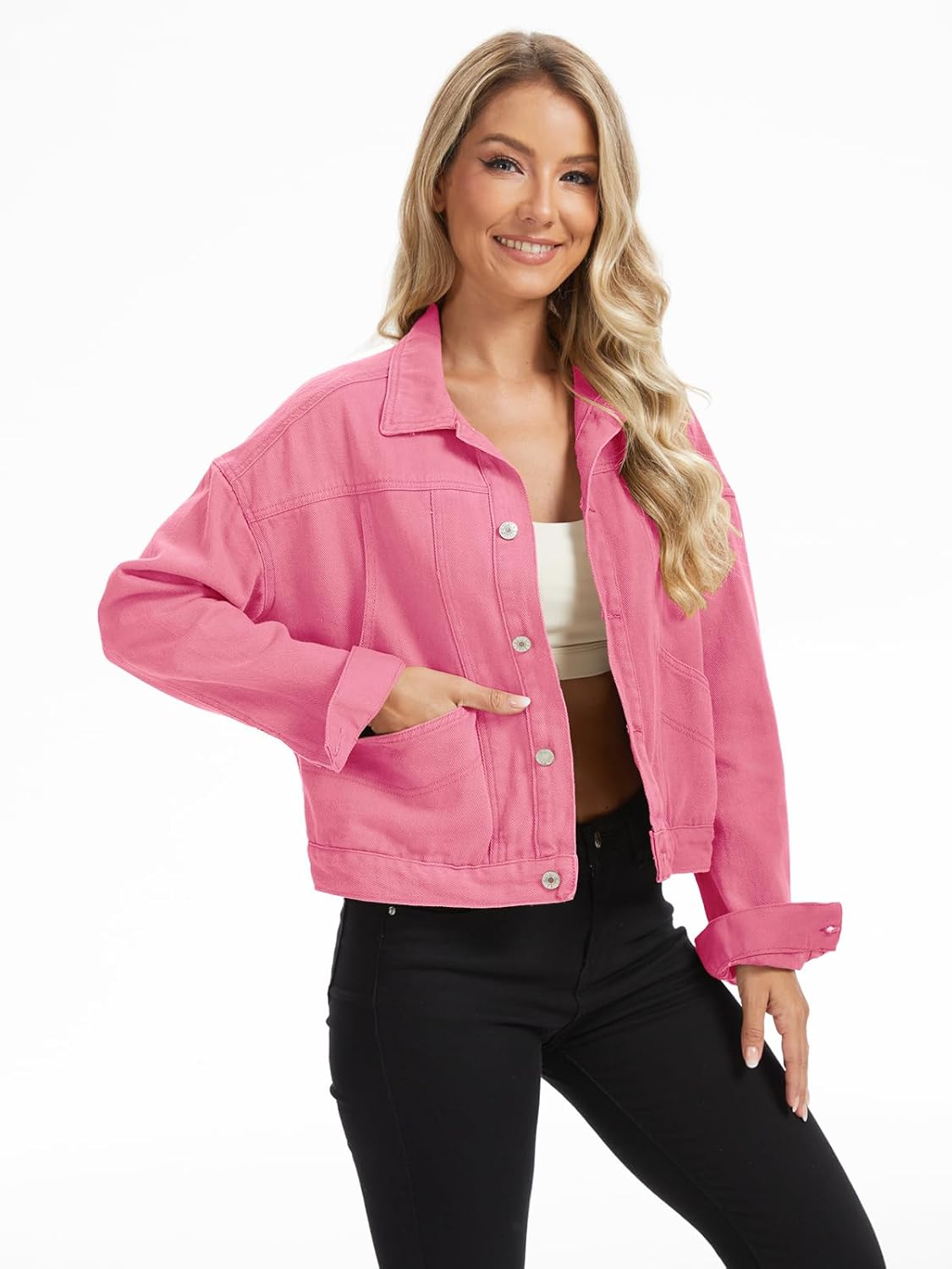 Metietila Womens Cropped Denim Jacket Oversized Button Down Jean Jacket Shacket Trucker Coat with Multi Pockets - Image 2