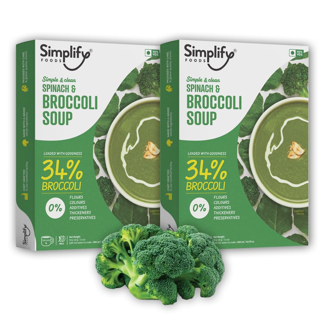 Foods Spinach & Broccoli Instant Soup | Made with 34% Real Spinach &19% Broccoli | Pack of 2 (Each Makes 500ml) | Just Add Hot Water | No Cooking Required | Clean Label | 0% Additives or Preservatives