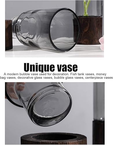 Miniatura 3 de NFNSIG Jarrón de cristal negro con base de madera de 10 pulgadas, florero de flores de lujo ligero, moderno jarrón decorativo para bodas, cenas,