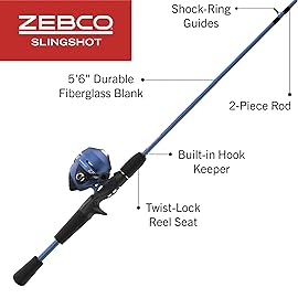 Zebco Slingshot Spincast Reel and Fishing Rod Combo, 5-Foot 6-Inch 2-Piece Fishing Pole, Size 30 Reel, Right-Hand Retrieve, Pre-Spooled with 10-Pound Zebco Line, Red