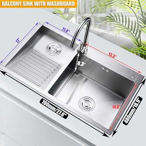 Miniatura 4 de Fregadero de lavandería con tabla de lavar fregadero de cocina de acero inoxidable con grifo para el hogar, piscina, balcón, lavabo de lavado de