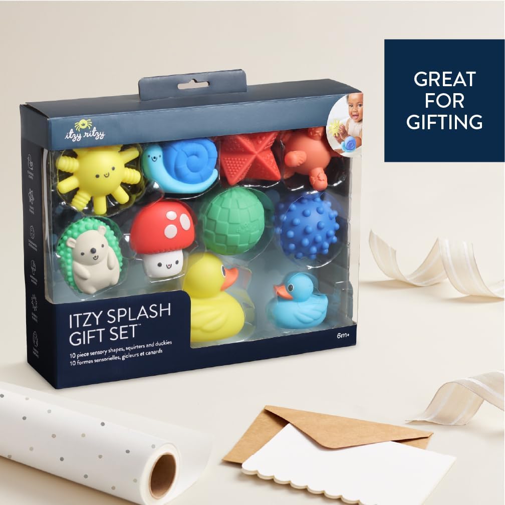 Itzy Ritzy 10-Piece Water Bath Toys Gift Set – Soft, Squeezable Multicolor Sensory Toy Set for Motor Skills, Imaginative Play, and Fun Bathtime Activities