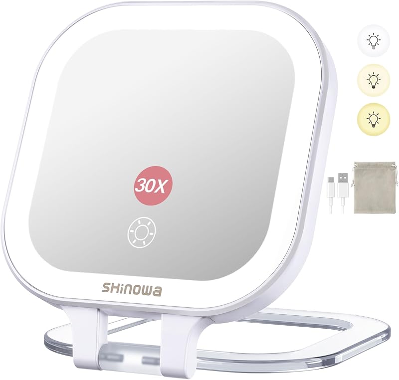 Espelho de maquiagem de viagem Shinowa com luzes LED, ampliação 1X/30X, recarregável, 4 polegadas