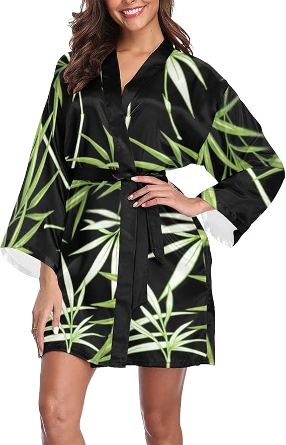 Womens Robe Bamboo On Black Kimono Robes Short Bathrobe Bath Sleepwear