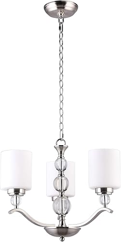 CO-Z Candelabro de níquel cepillado de 3 luces, lámpara de techo colgante contemporánea con bola de cristal K9 decorativa y pantalla de cristal de