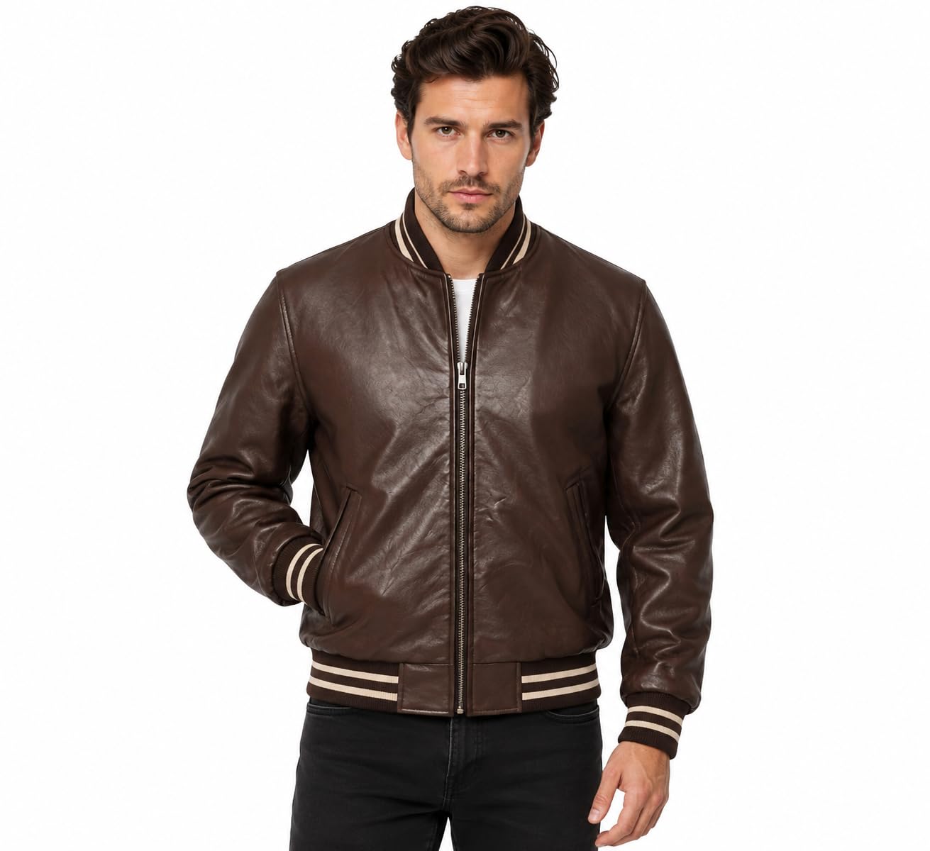 Deckra Mens Genuine Cowhide Leather Jacket Varsity Style Letterman Baseball Winter Premium Leather Jackets