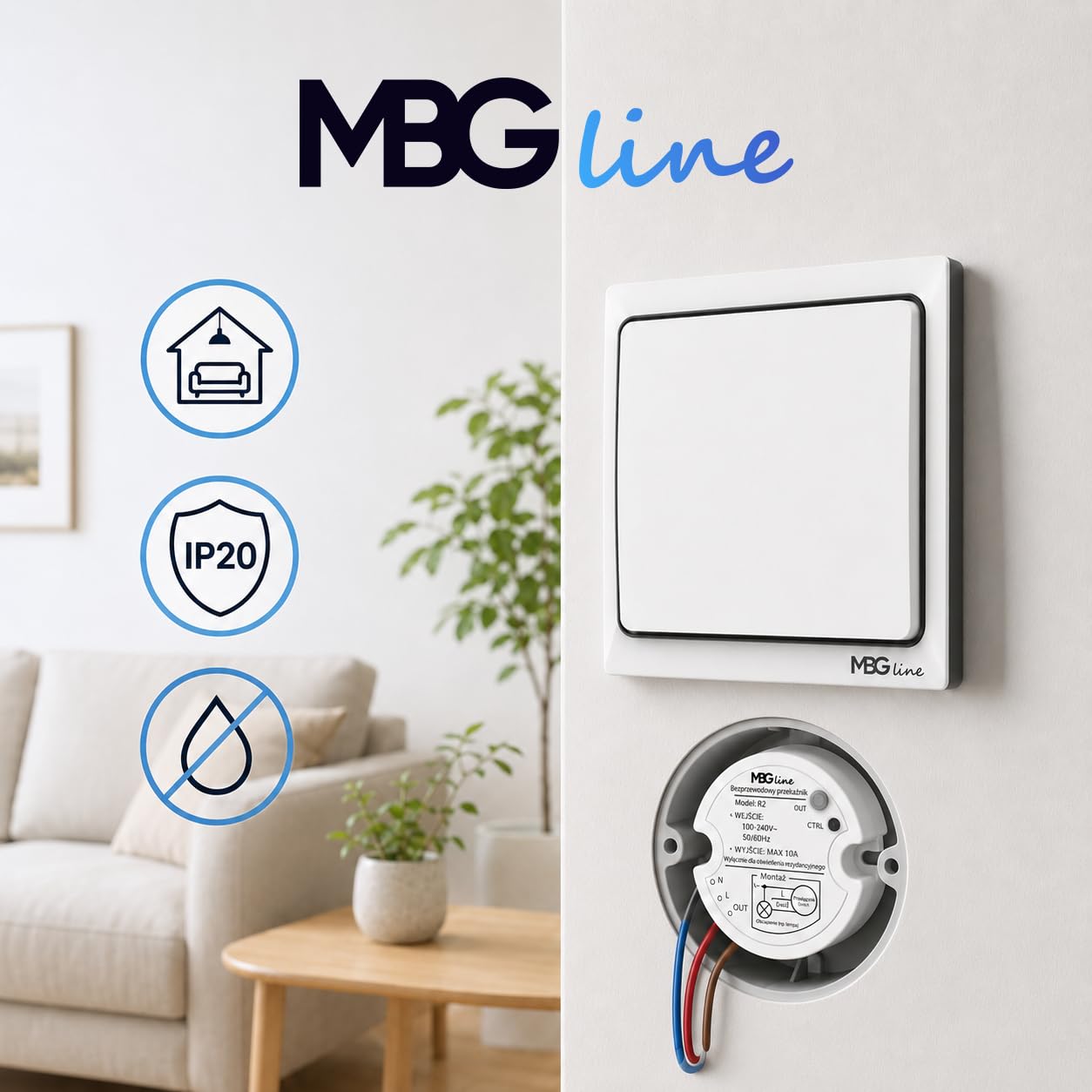 K4RW1 + R2 Kit Interrupteur Sans Fil Cinétique | Interrupteur Mural Auto-Alimenté Sans Pile | Commande d'Éclairage à Distance Sans Câblage ni Perçage pour Lampe et LED, Blanc