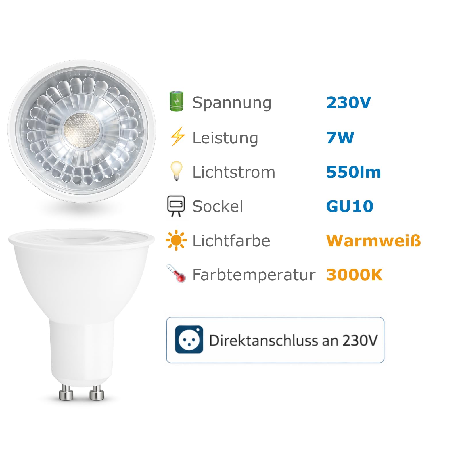 10 Stück GU10 LED Lampe 7W 230V Warmweiß 3000K | 550 Lumen | Leuchtmittel für Spots, Deckenleuchten & Einbaustrahler | Kompakte Bauform, flackerfreies Licht & sofort volle Helligkeit