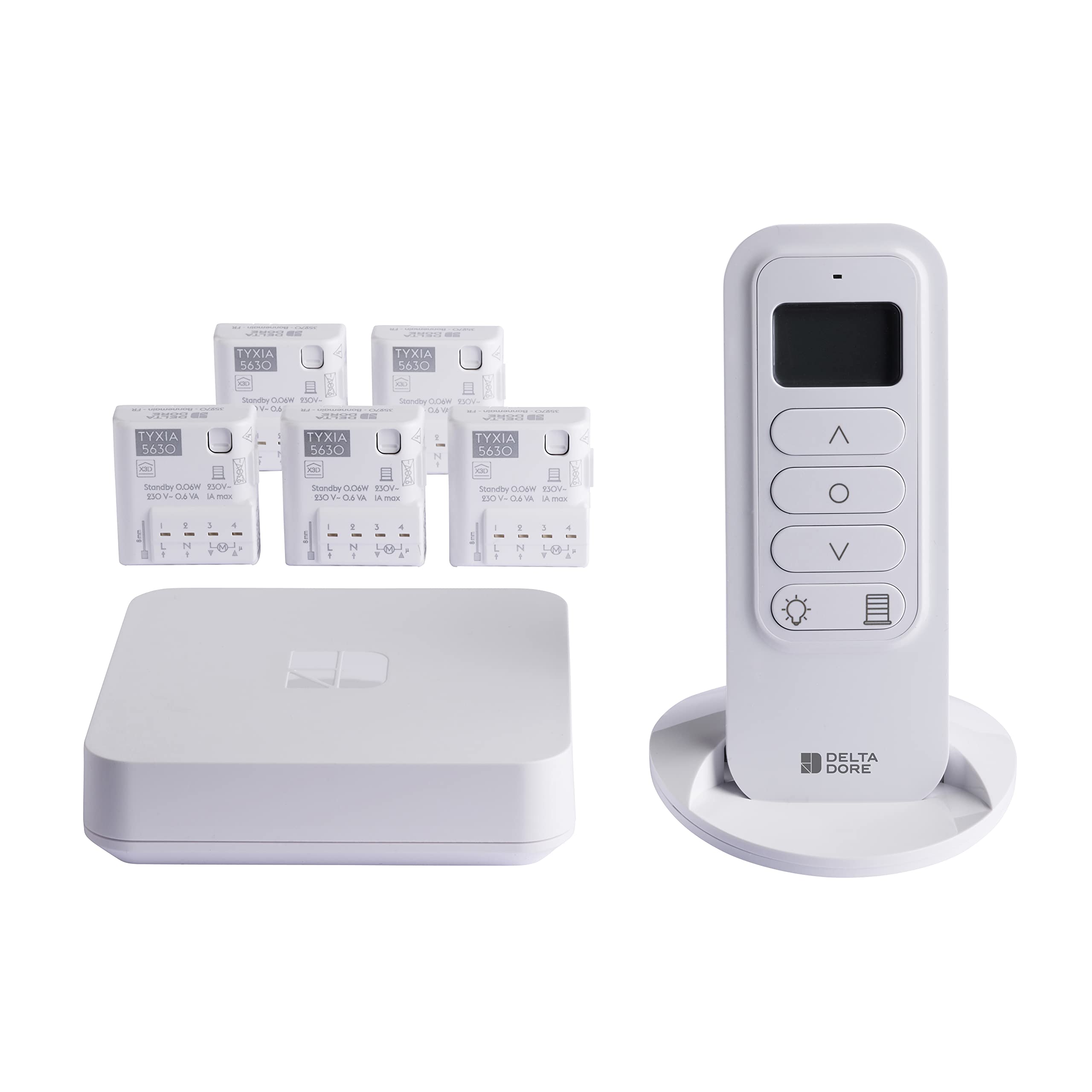 Delta Dore Pack Tyxia 642 connecté pour le contrôle via application de 5 volets filaires avec 5 récepteurs, 1 télécommande et une box maison connectée. Volets connectés, Commande vocale 6351437 Blanc