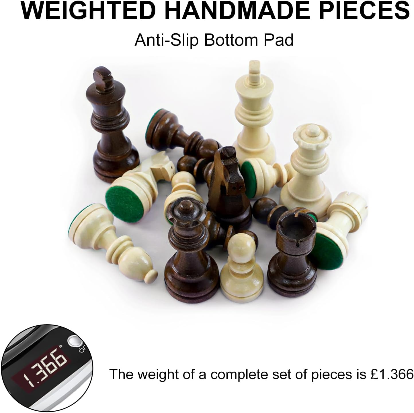 LEAP Wooden Chess Pieces Weighted 3.6 Inches King Height 32 Chessmen Great for Chess Board with 2 Extra Queens