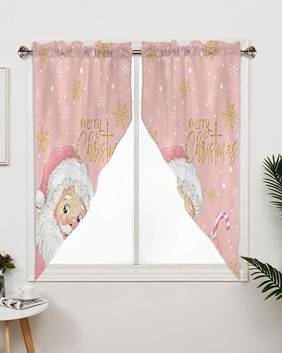 Miniatura 3 de Juego de 2 cenefas de cortina para ventanas, juego de cortinas de cocina rosa con estampado de Papá Noel, copo de nieve, caramelo, filtro de luz,