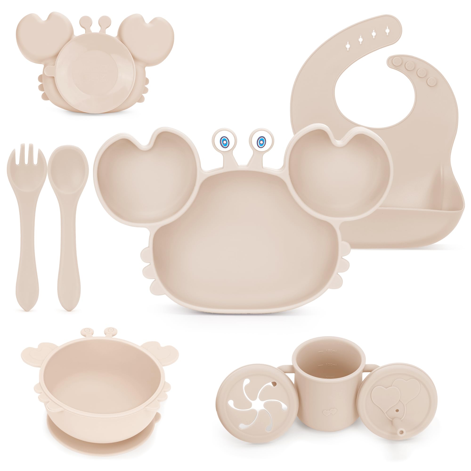 Lot de 8 couverts pour bébé en silicone avec ventouse, sans BPA, avec assiette, cuillère, fourchette, bol, bavoir, gobelet d'apprentissage, pour bébé fille et garçon