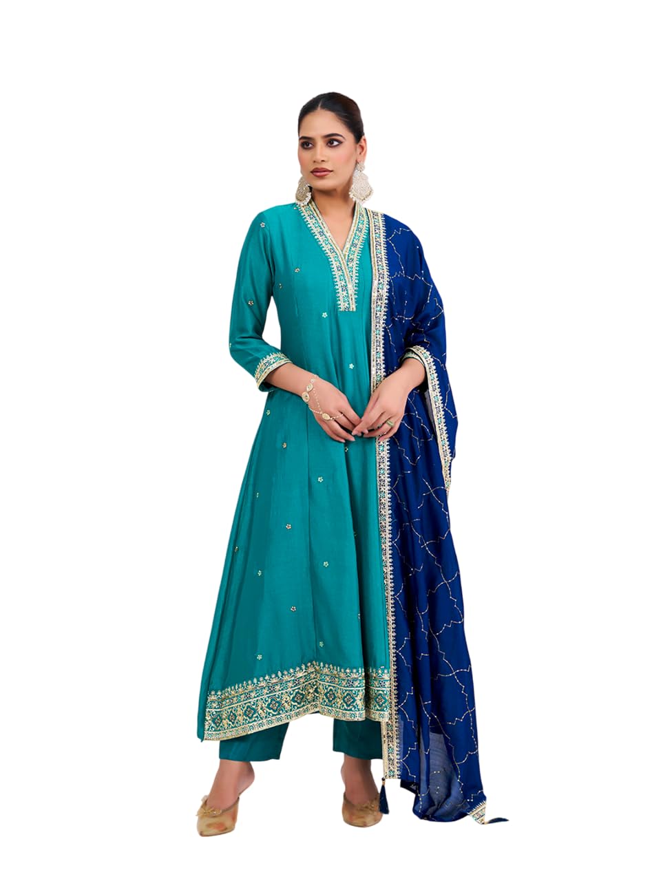 MOKOSH Women’s Silk Embroidery Anarkali Kurta Pant with Dupatta | Anarkali Kurta Set |Embroidered |V Neck Full Sleeve Ethnic Suit |3 Piece Outfit