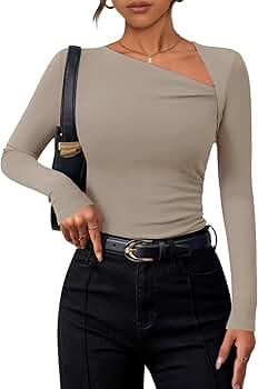 ZESICA Women's Long Sleeve Tops 2025 Fall Asymmetrical Neck Slim
