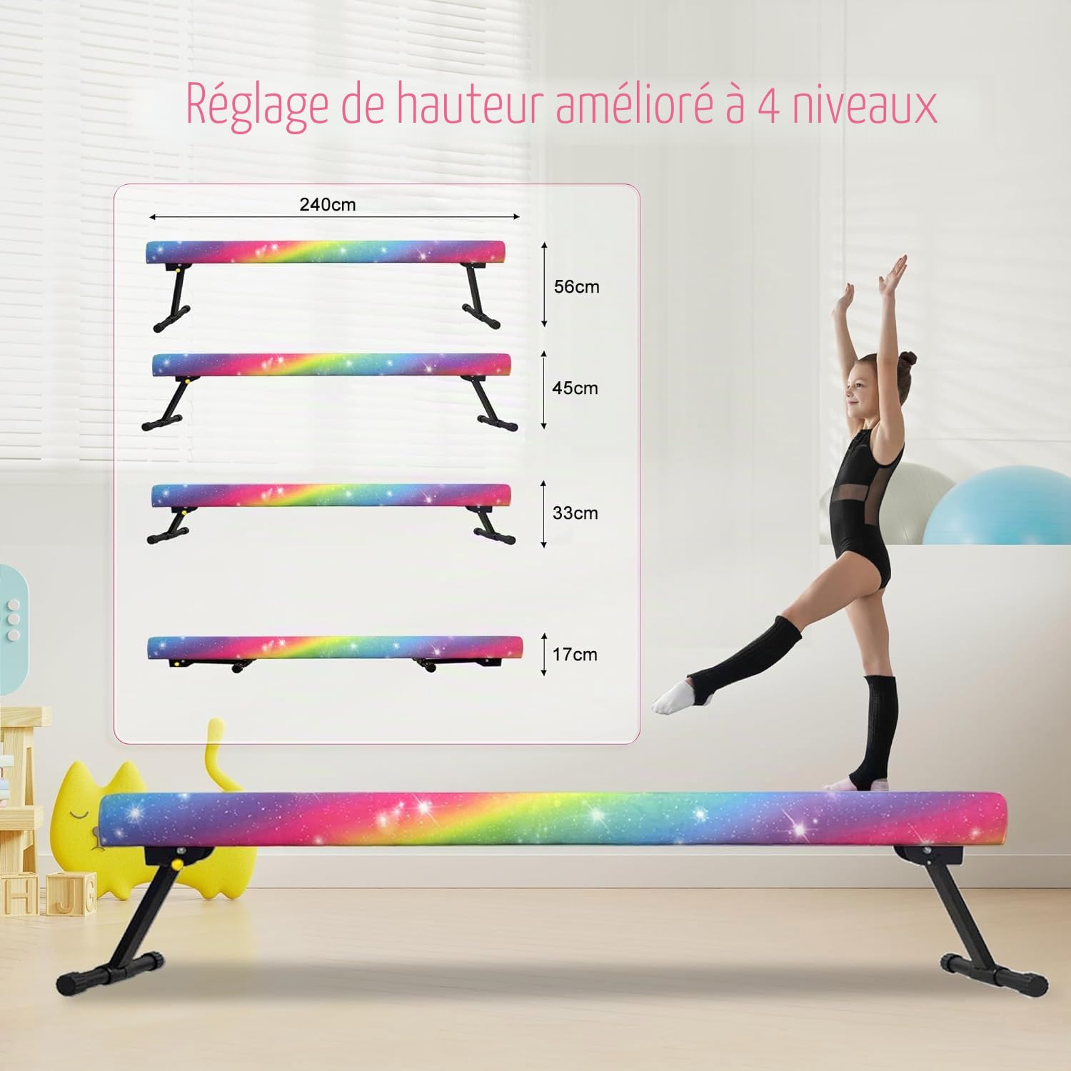 HomeSun Poutre d’Équilibre Gymnastique 240 cm | 4 Hauteurs Réglables 17–56 cm pour Enfants et Débutants
