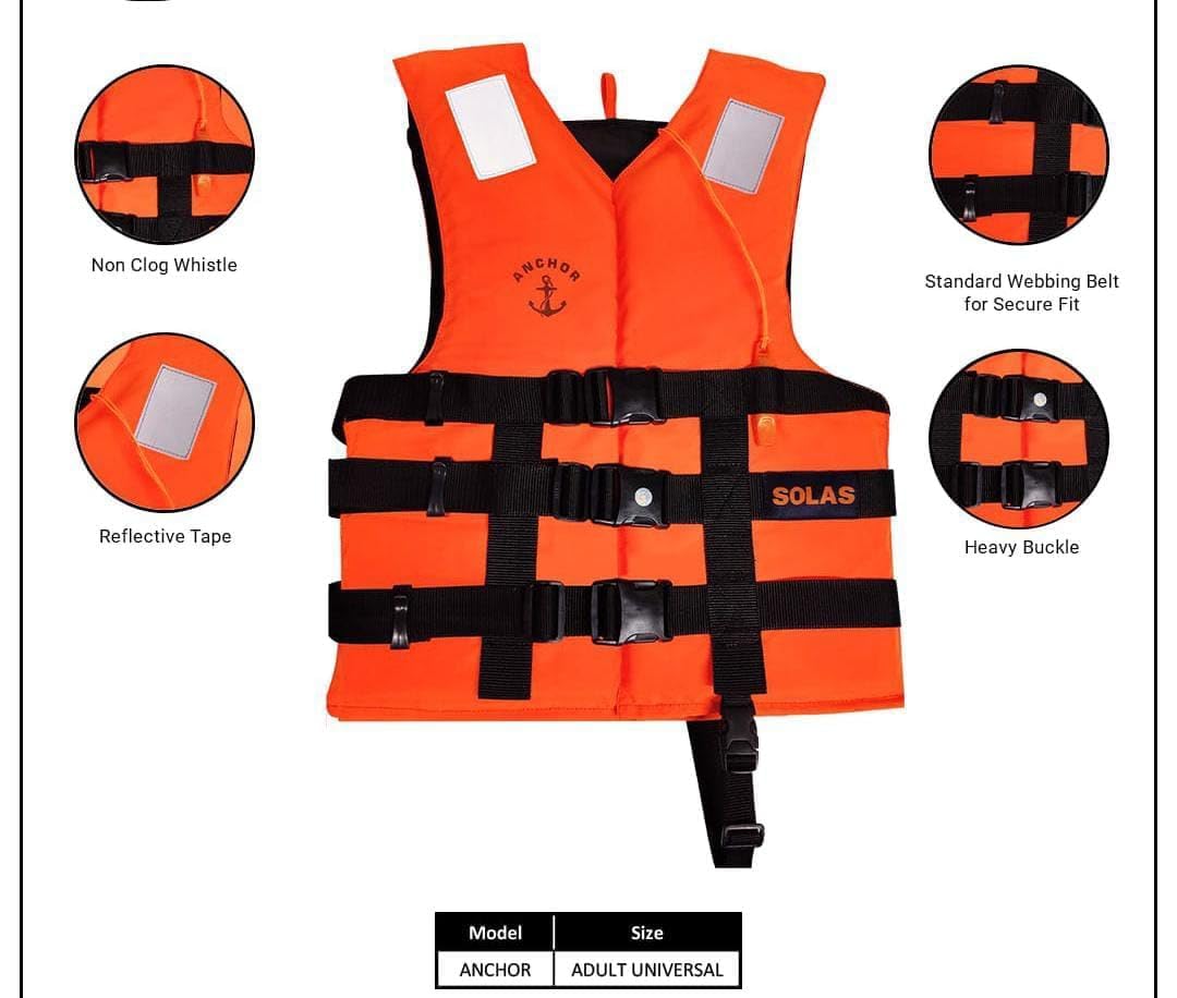 Adult Safety Life Jacket, Orange, Unisex, Life Jacket, 40" - 60", 40-90kg, 100N Buoyancy, 3-Buckle, Polyester, Adjustable, Reflective, Waterskiing, Wakeboarding, Canoeing, Fishing, Tubing 1
