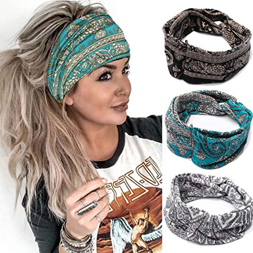 Gortin Boho Headbands Green Stretch Criss Cross Head Bands Yoga Elastic Hair Bands Wide Sweatband Workout Headband Turban Head Wraps for Women 3 Pcs