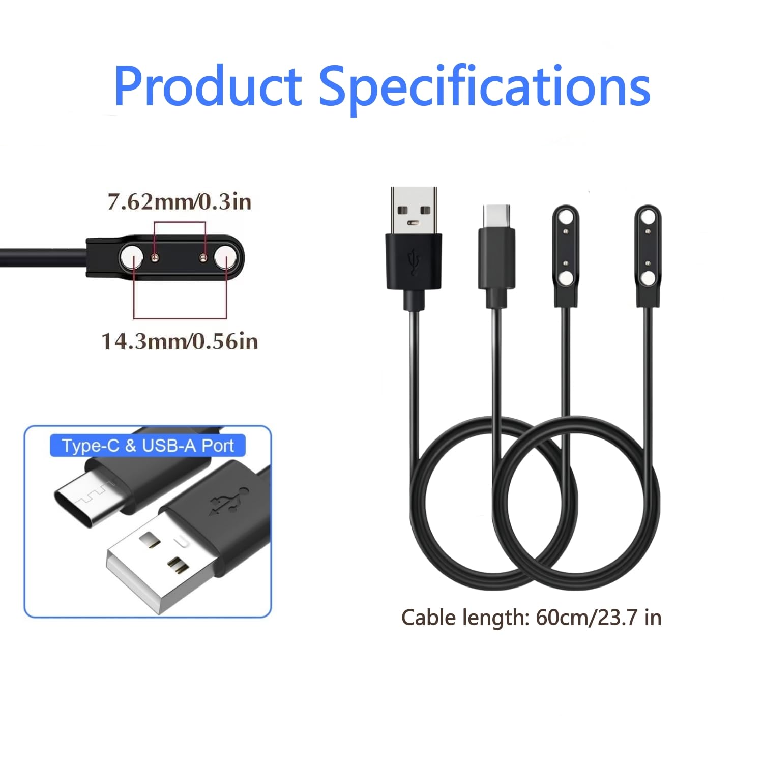 [2-Pack] Universal Charger Magnetic 2 Pin for Raycon Bone Conduction Headphones, 60cm USB-A Replacement Charging Cable Compatible All Charging Pitch 7.5 mm-8 mm 2-pin Smart Wearable Devices (USB-A) image 3
