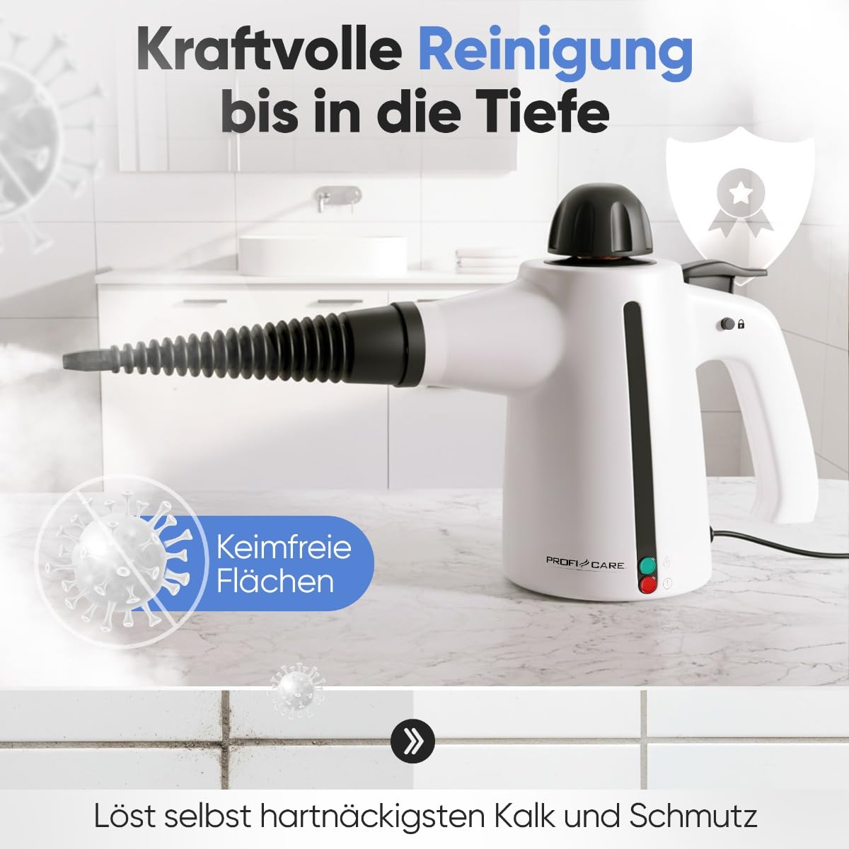 ProfiCare® Dampfreiniger Handgerät | 3,7 bar | säubert entfettet desinfiziert | 105°C | Auto, Küche, Bad, Polster | 1050W | mit 5m Kabel & Zubehör | Steam Cleaner | Handdampfreiniger | PC DR 3145
