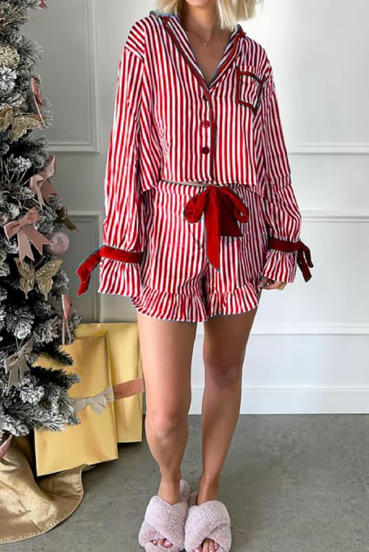 Juakoso Women Satin Christmas Pajama Set 2 Piece Silky Bow Tie Long Sleeve Shirts Ruffle Shorts Pjs Set Xmas Lounge Set - Image 4