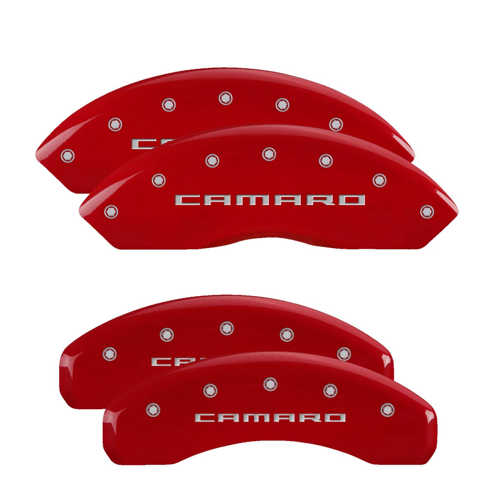 MGP Caliper Covers 14240SCA5RD, Caliper Cover Compatible With Gen 5 Chevrolet Camaro, Red Powder Coat Finish Front and Silver Characters Engraved, 4 Pack