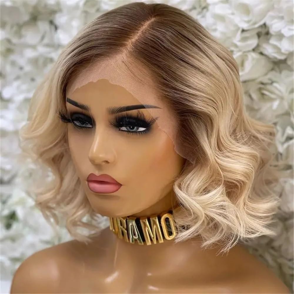 Ombre blond peruki damskie falowane peruki do ramion z linią włosów koronkowe wstępnie przycięte, środkowa część naturalna syntetyczna efekt naturalny i obszerna (14 cali)