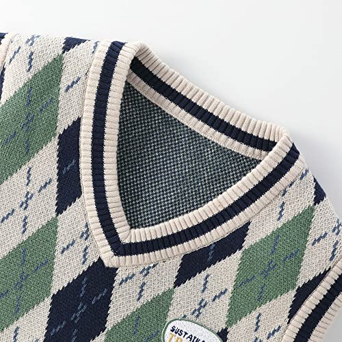 Labishu Toddler Kids Boys V Neck Sweater Sleeveless Knit Vest Graphic Tank Tops Pullover Knitwear School Uniform Green White #TOP2