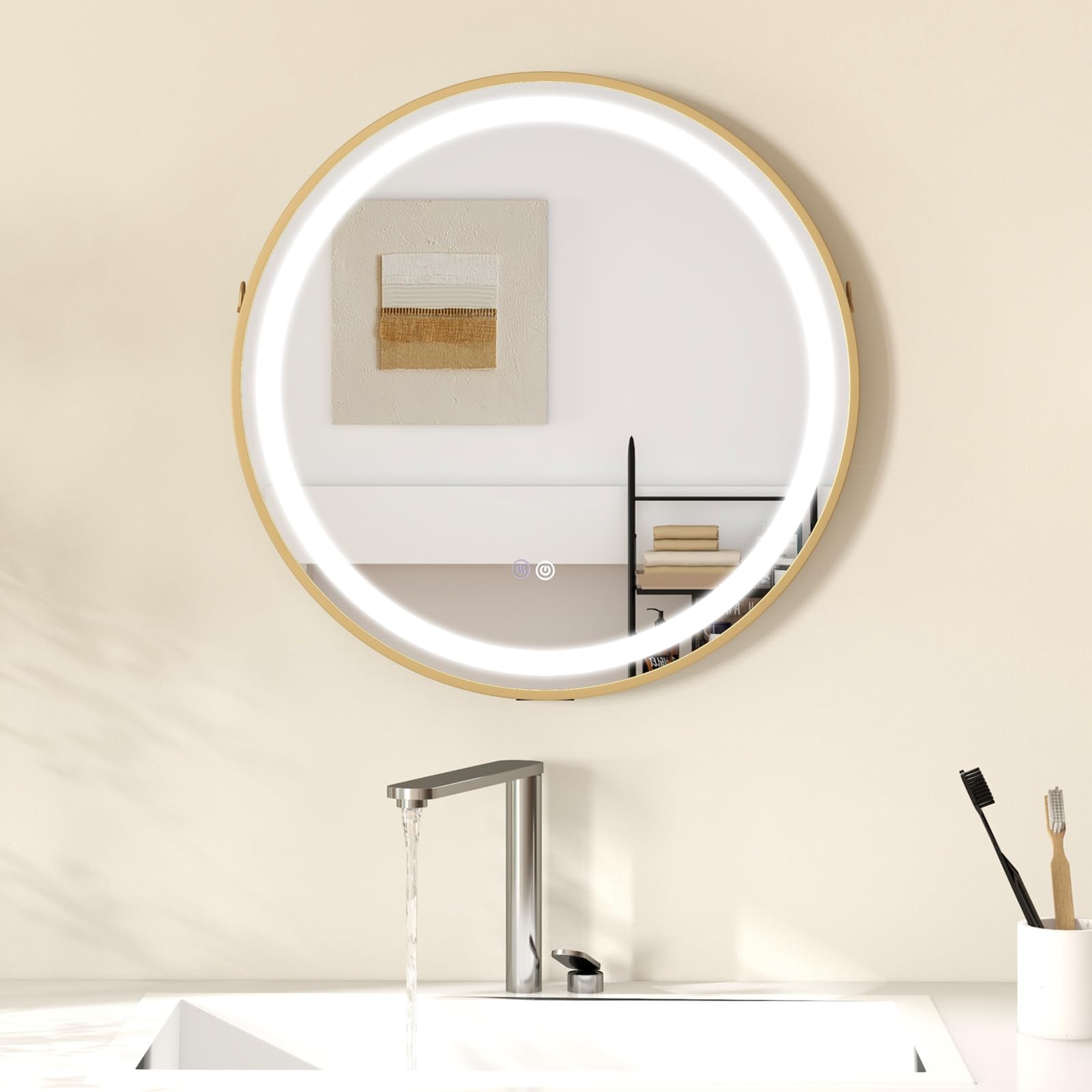 LIFEZEAL Specchio Bagno, 60x60 cm, Specchio Rotondo con Luce di 3 Colori, Specchio Tondo da Parete con Led Luminosità Regolabile 5%-100%, Interruttore Touch e Funzione Antiappannamento
