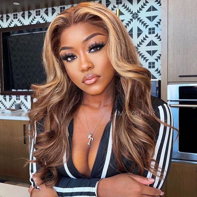 Maycaur Brown Blonde Mixed Color Wavy Hair Full Lace Human Hair Wigs Pre Plucked Glueless Body Wave Lace Front Wigs With Natural Baby Hair 150 Density(22Inch, lace front wig)